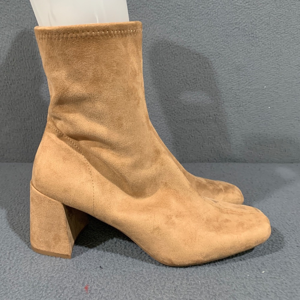Target A New Day Ankle Sock Boots Women 10 Tan Faux Suede Square Toe Block Heel